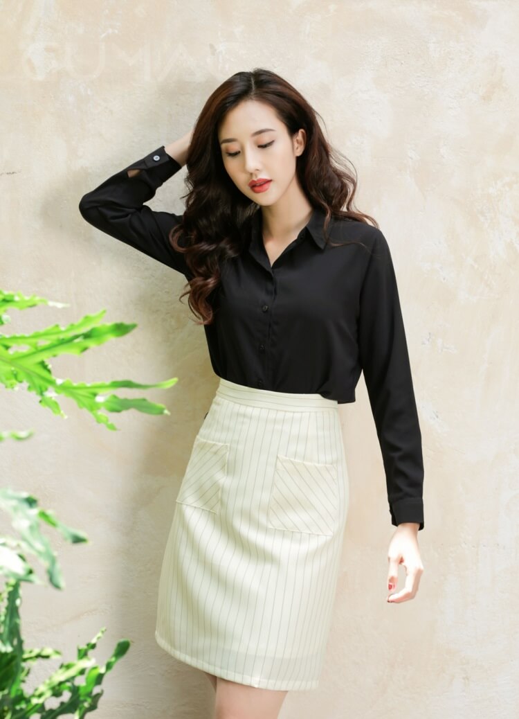 chân váy sọc phối túi dáng dài