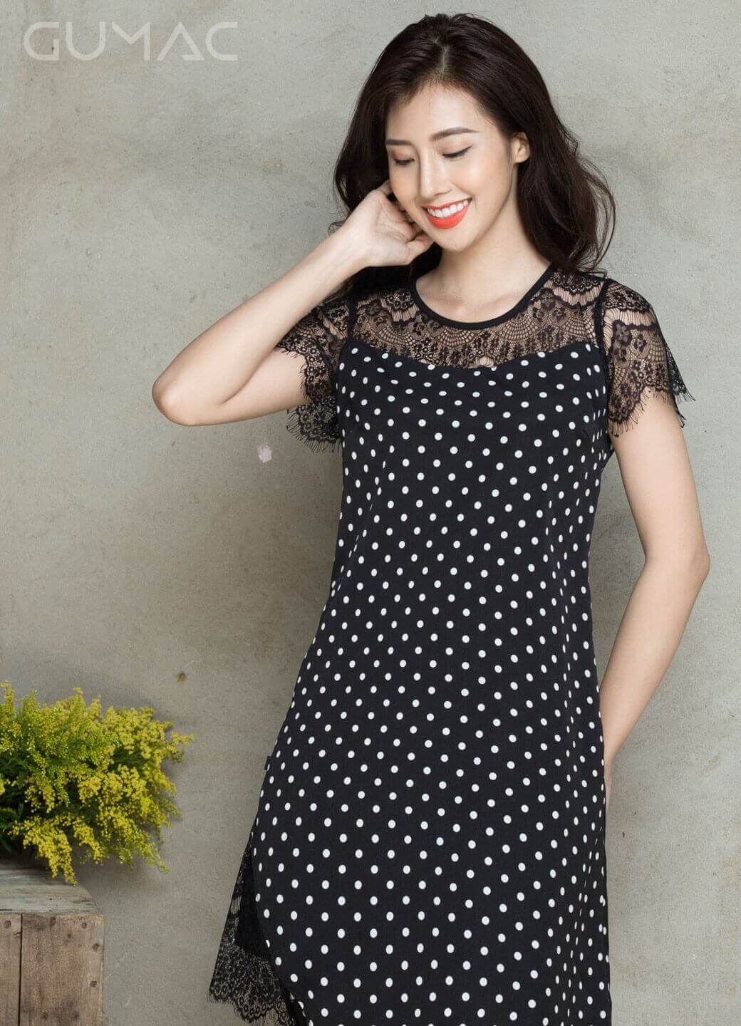 đầm chấm bi phối ren xòe