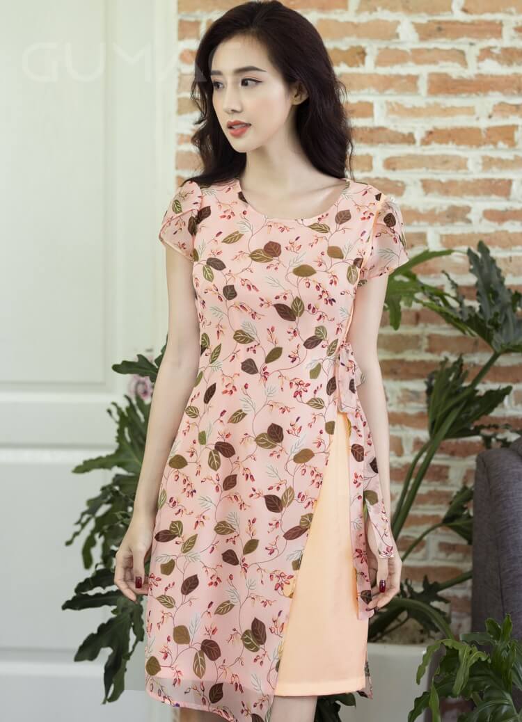 đầm phủ hoa nơ eo hàn quốc